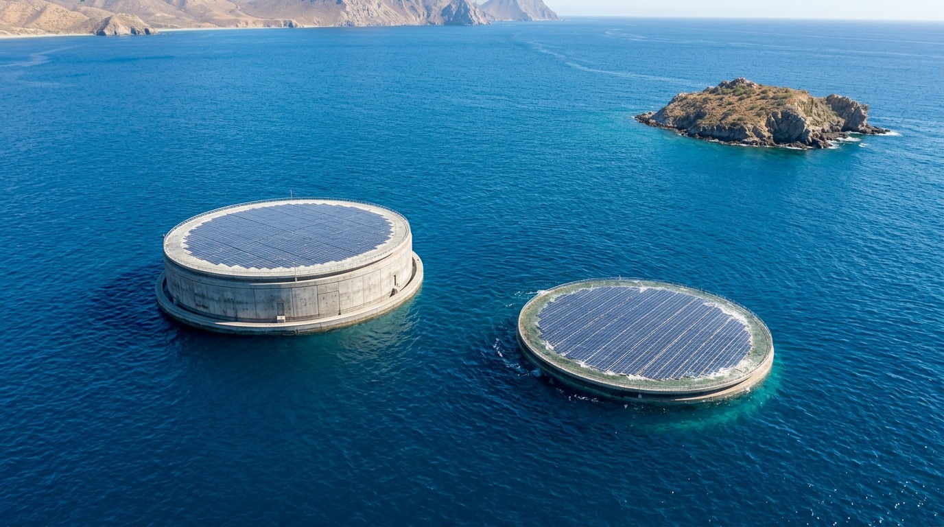 Aerial view of two circular BOB-GEN solar vessels in deep blue offshore water beside a rocky island