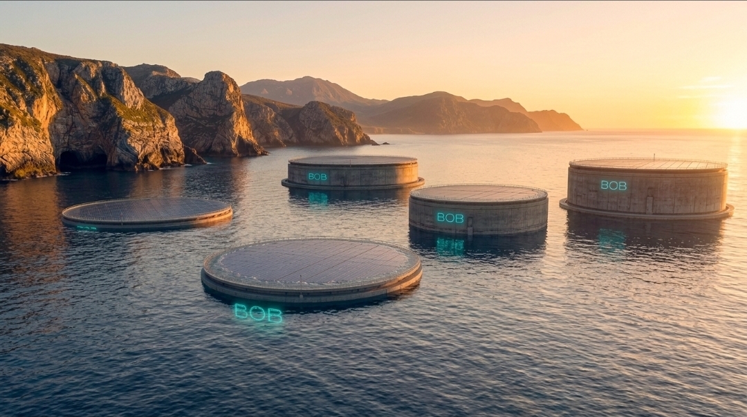 Circular BOB-GEN vessels floating in a coastal bay at sunset with glowing cyan BOB hull lettering