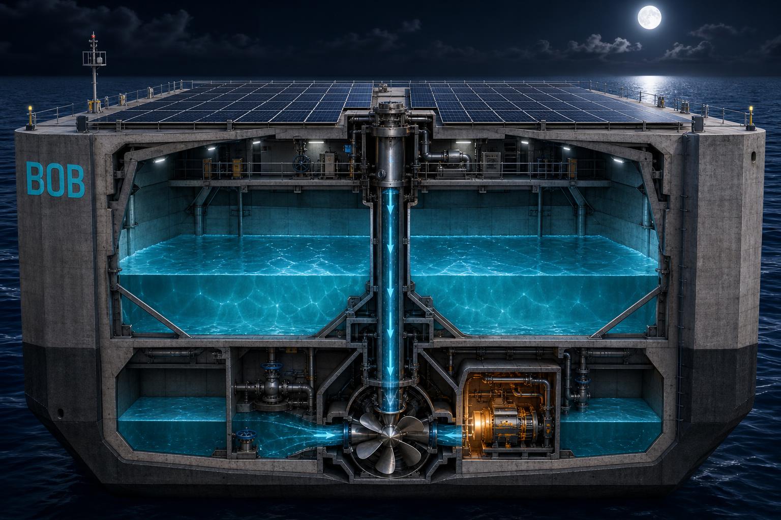 BOB-GEN cutaway showing the main ballast tank, lower ballast tank, central penstock and bottom Kaplan turbine with generator