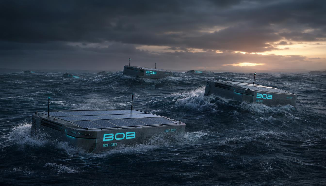 BOB-GEN vessels riding heavy swell in a storm at dusk