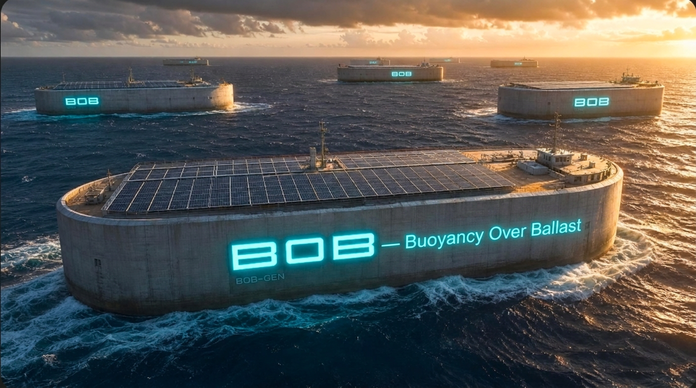 BOB-GEN fleet of concrete floating solar and pumped hydro storage vessels at sea at sunset