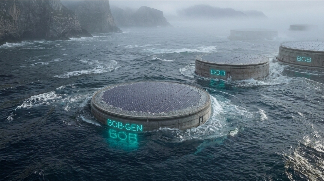 Circular BOB-GEN vessels in misty coastal waters with glowing cyan BOB-GEN hull lettering