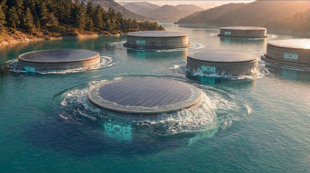 Aerial view of a BOB-GEN array on an inland lake, vessels at different stages of the sink and float cycle